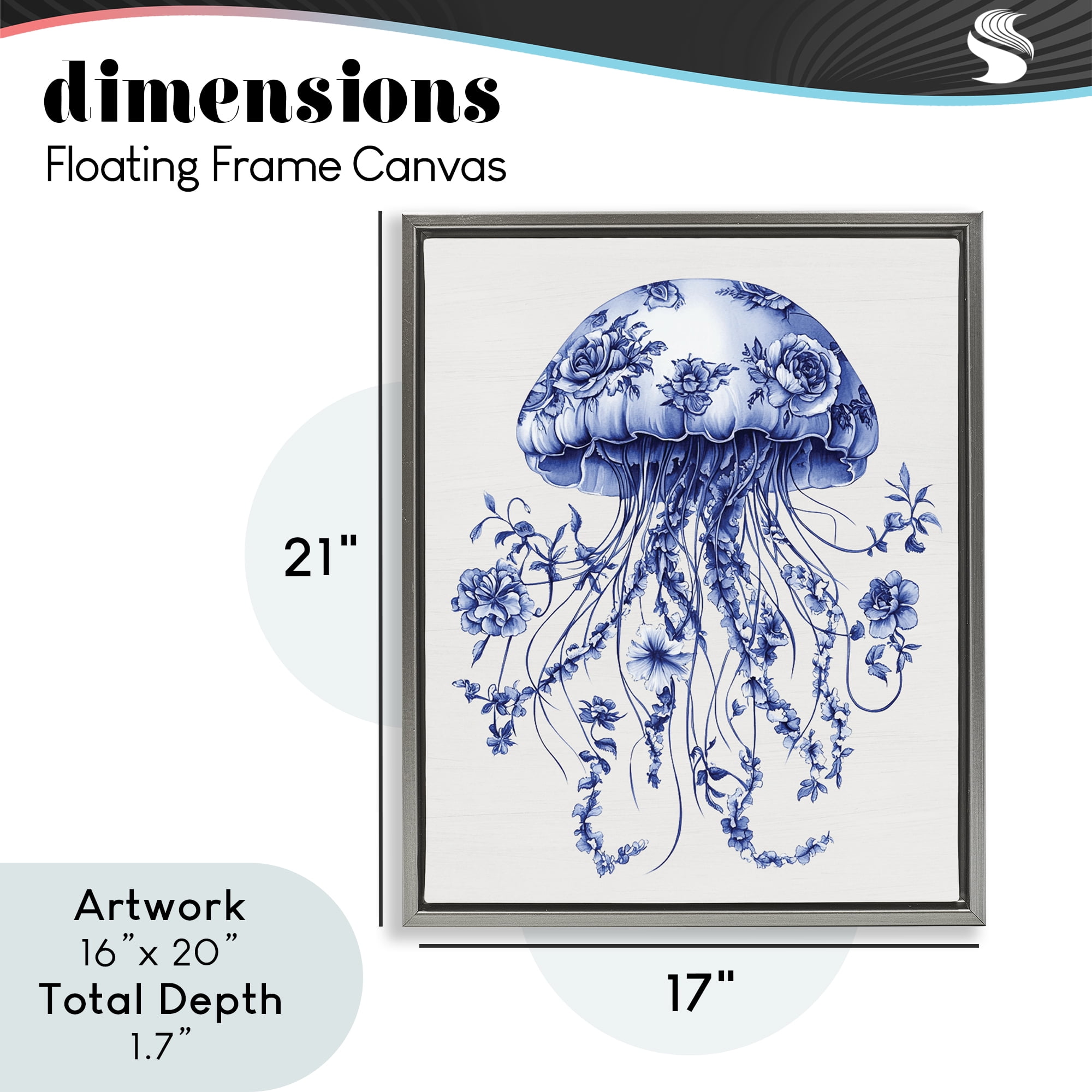 Funky Vintage Toile Jellyfish Gray Framed Floater Canvas Wall Art, design by Lettered and Lined