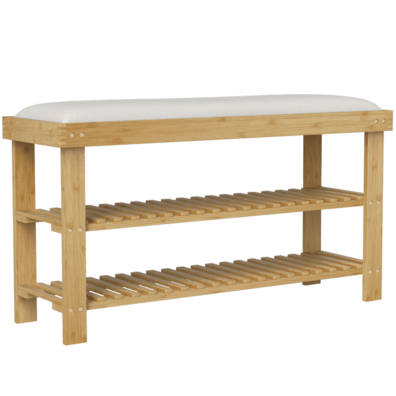 Bamboo Shoe Bench, Entryway Bench with Storage, 3 Tier Shoe Rack, Cushioned Seat, Natural Finish