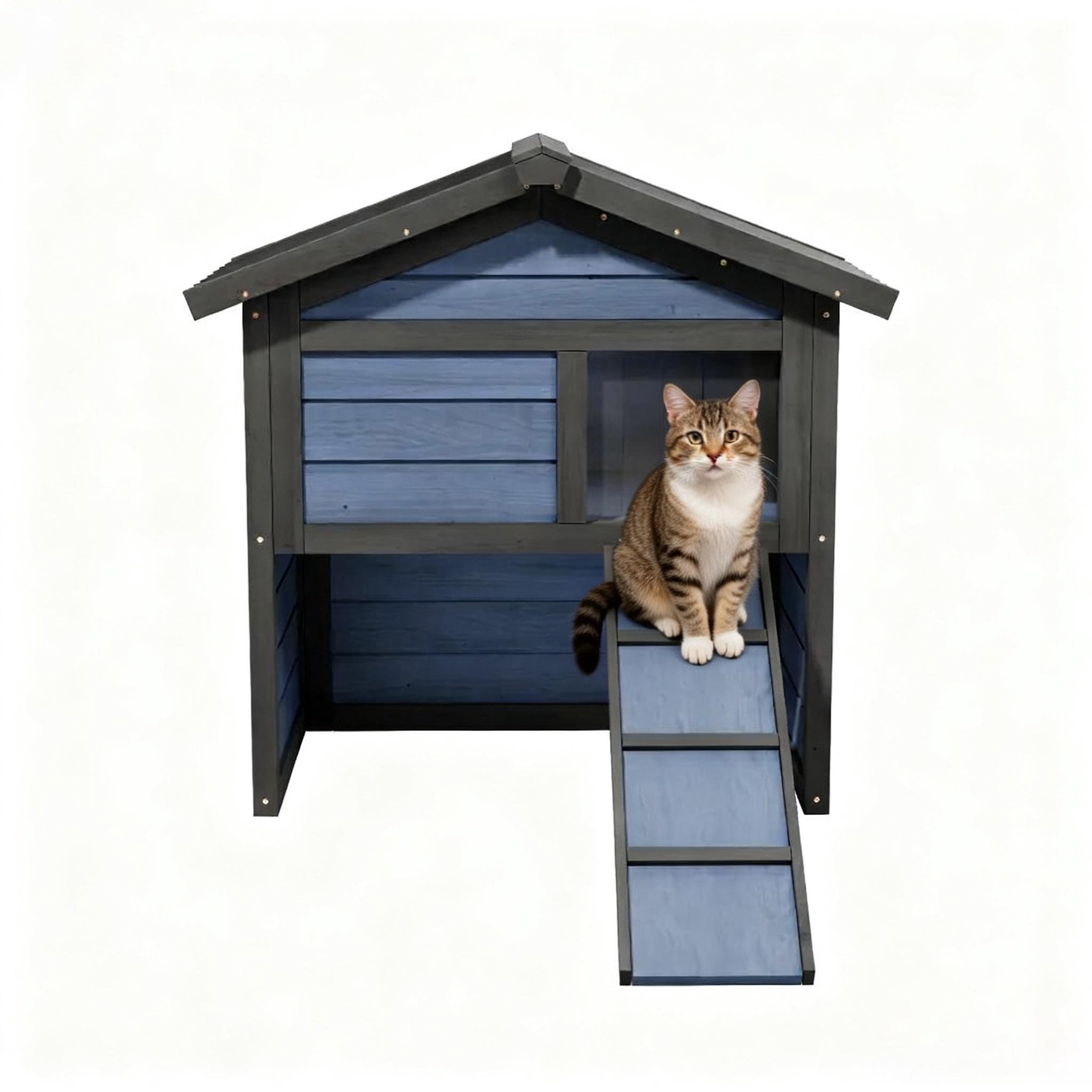 Insulate Cat House with Escape Doors,Outdoor Cat Shelter for Winter,All Weather 2 Story Cat House for Multiple Cat with Openable Roof,Blue