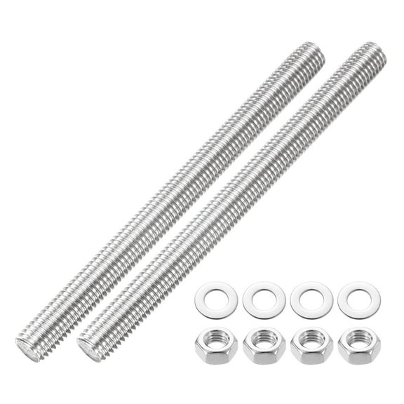 2 Pack Fully Threaded Rod, M12 x 150mm 201 Stainless Steel Right Hand Threads Rods with Nuts and Flat Washer