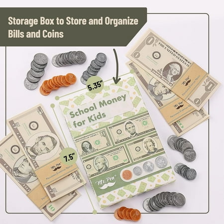 Mr. Pen- Play Money for Kids, 150 Pcs, Ages 3 , 60 pretend bills (20 $1s, 20 $5s, 10 $10s, and 10 $20s) and 90 plastic coins (30 pennies, 20 nickels, 20 dimes, and 20 quarters)