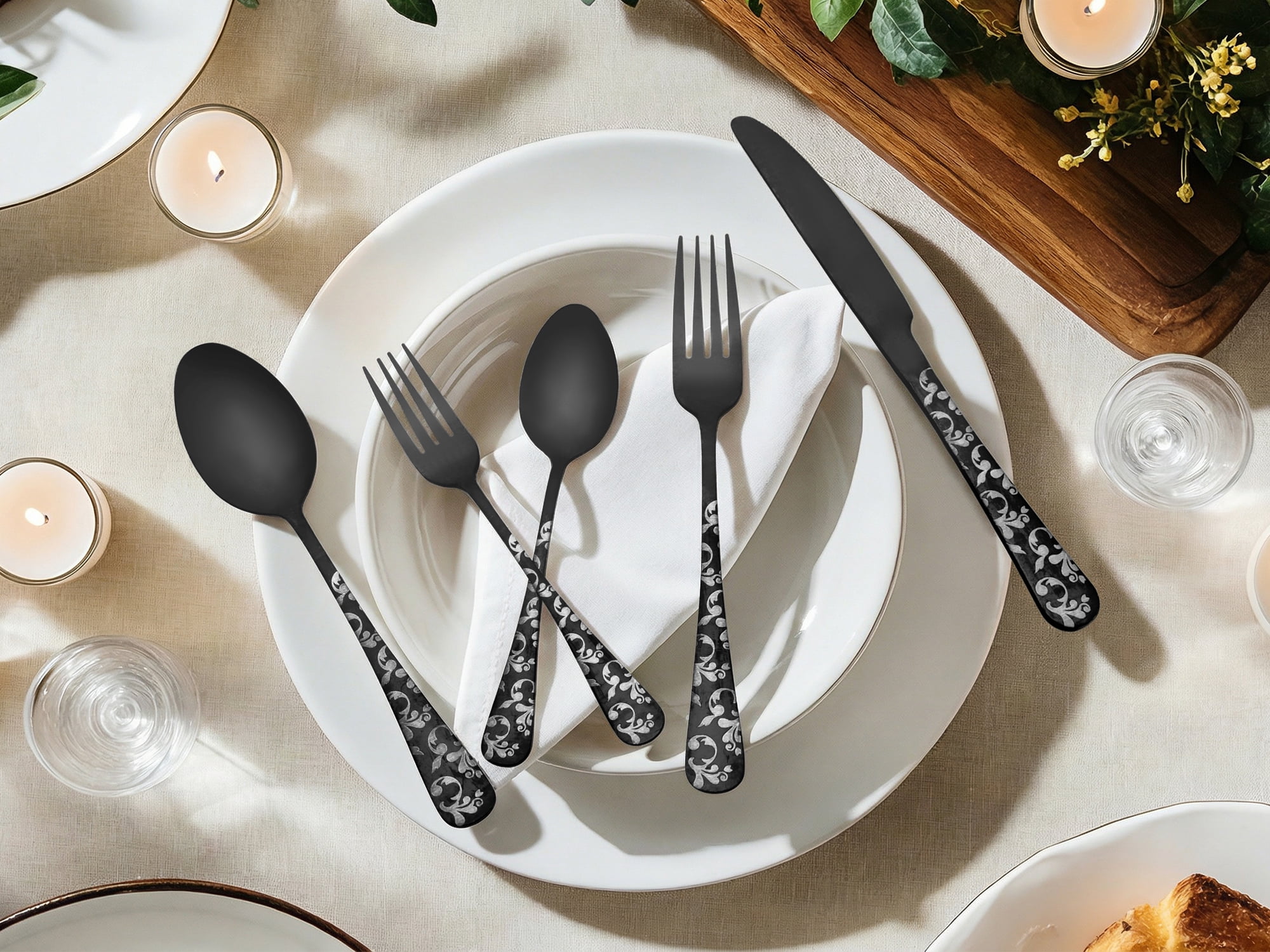 Unique Bargains 20 Piece Silverware Set for 4 Stainless Steel Floral Cutlery Black 20