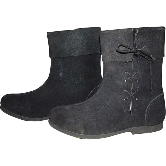 Renaissance Black Leather Boots Halloween Cosplay Lace Up Reenactment Unisex Shoes