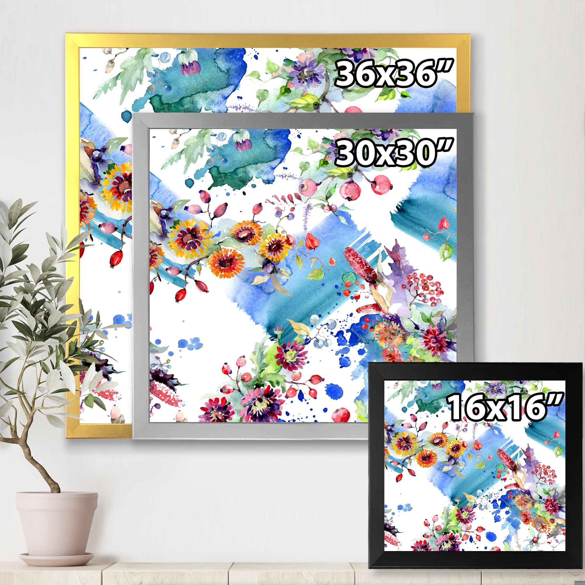 Wildflowers and Vibrant Wild Spring Leaves IX 30 in x 30 in Framed Painting Canvas Art Print, by Designart