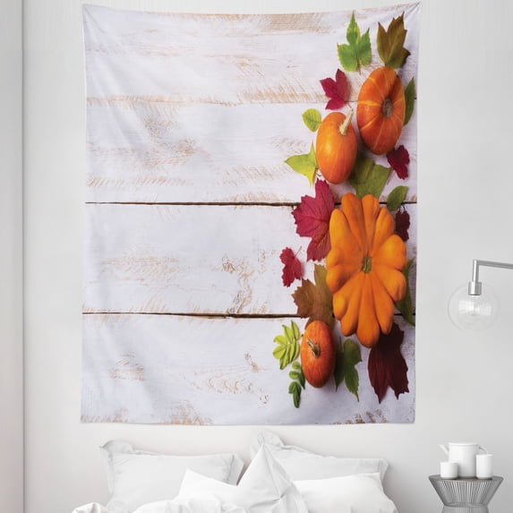 Rustic Orange Tapestry, Pumpkins Autumn Foliage Leaves Seasonal Change Harvest Themed Photo Shot, Fabric Wall Hanging Decor for Bedroom Living Room Dorm, 5 Sizes, Multicolor, by Ambesonne