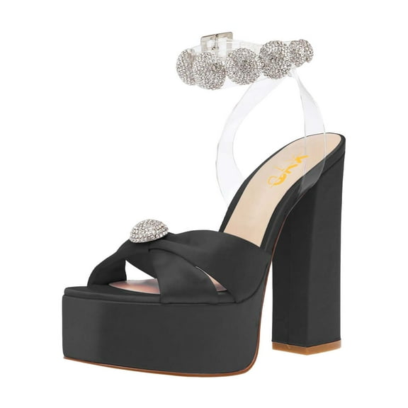 XYD Women Clear Ankle Strap Platform Heel Sandals Square Open Toe Block High Heel Rhinestones Bridal Evening Shoes Size 7 Black