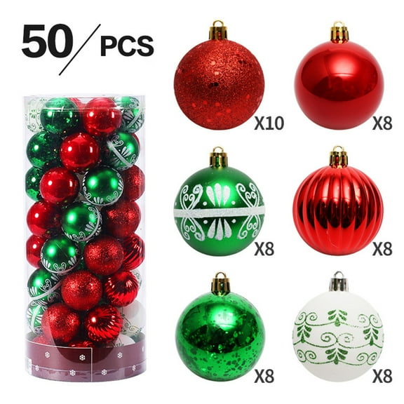 Christmas Ornaments Tree Decorations, 50Pcs Red Green White Shatterproof Christmas Ball Ornaments Set, 2.36 Inch Decorative Hanging Ornament Bulk for Xmas Holiday Party Decor