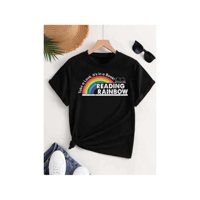 Women's Rainbow & Letter Print Round Neck Tee, Casual Short Sleeve T-shirt for Daily Wear, Ladies all Seasons Clothes, T Shirts for Women, Tops, Womenswear