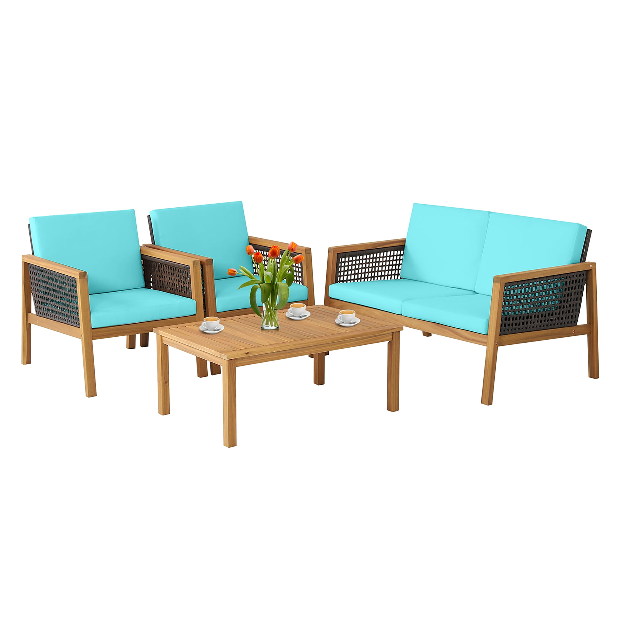 Costway 4PCS Patio Rattan Furniture Set Acacia Wood Cushioned Sofa Turquoise