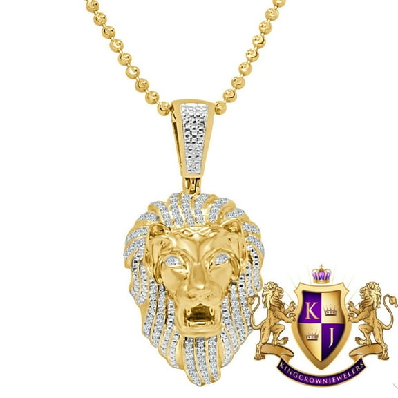 Mens Real Genuine Diamond Mini Lion Head 10K Yellow Gold Finish Pendent Charm Chain Set