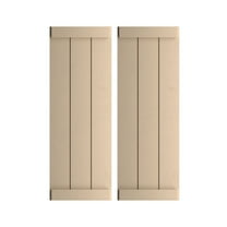 Ekena Millwork 16 1/2"W x 42"H Rustic Three Board Joined Board-n-Batten Smooth Faux Wood Shutters w/End Batten (Per Pair), Primed Tan
