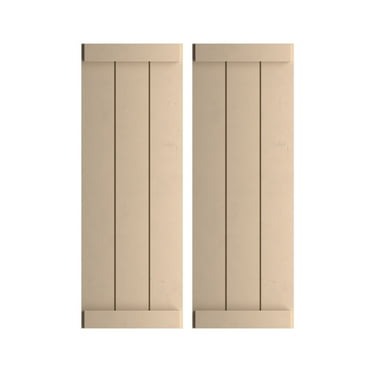 Ekena Millwork 16 1/2"W x 42"H Rustic Three Board Joined Board-n-Batten Smooth Faux Wood Shutters w/End Batten (Per Pair), Primed Tan
