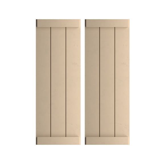 Ekena Millwork 16 1/2"W x 40"H Rustic Three Board Joined Board-n-Batten Smooth Faux Wood Shutters w/End Batten (Per Pair), Primed Tan
