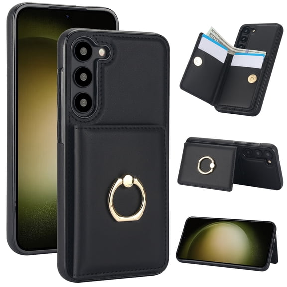 ELEHOLD Case for Samsung Galaxy S23 Plus,Business PU Leather Stand Case with Card Holder & Ring Holder,Black