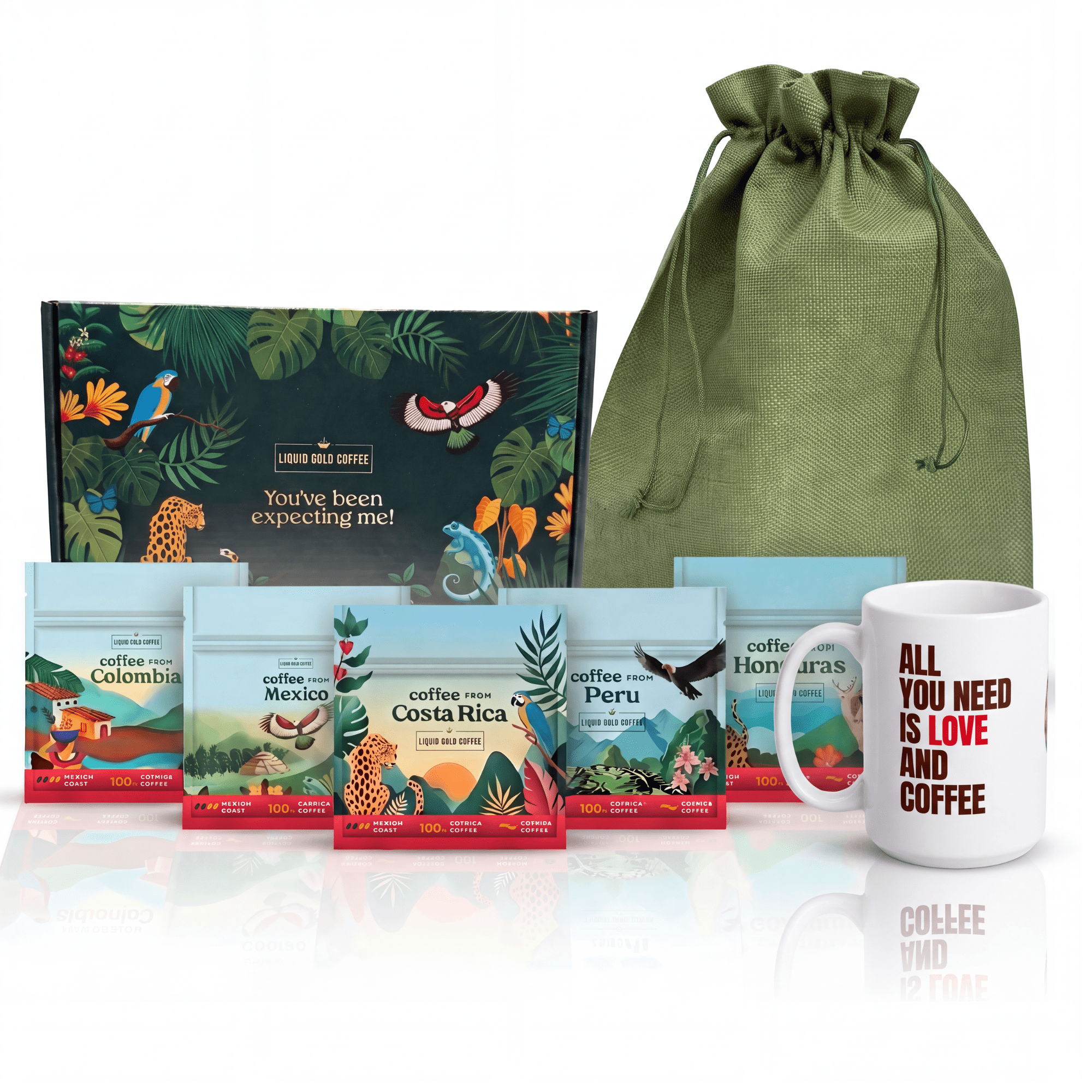 Coffee Gift Set, Latin America Single Origin Sampler (5 x 2oz) from Colombia, Costa Rica, Mexico, Honduras & Peru, Includes Mug & Gift Bag