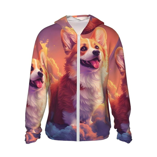 Balery Sunset Cloud Corgi Sudadera ligera de manga larga con capucha y protección solar UPF 50+ para hombre y mujer, ideal para pesca y running-Large