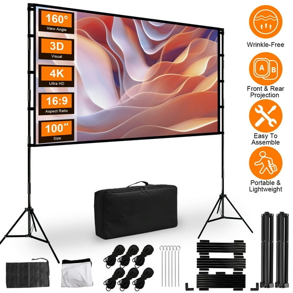 TeqHome Portable Projector Screen with Stand 100" Projector Screen Indoor Outdoor 16:9 4K HD Rear Front Wrinkle-Free Movie Projector Screen with Carry Bag for Home Theater Backyard Movie Night