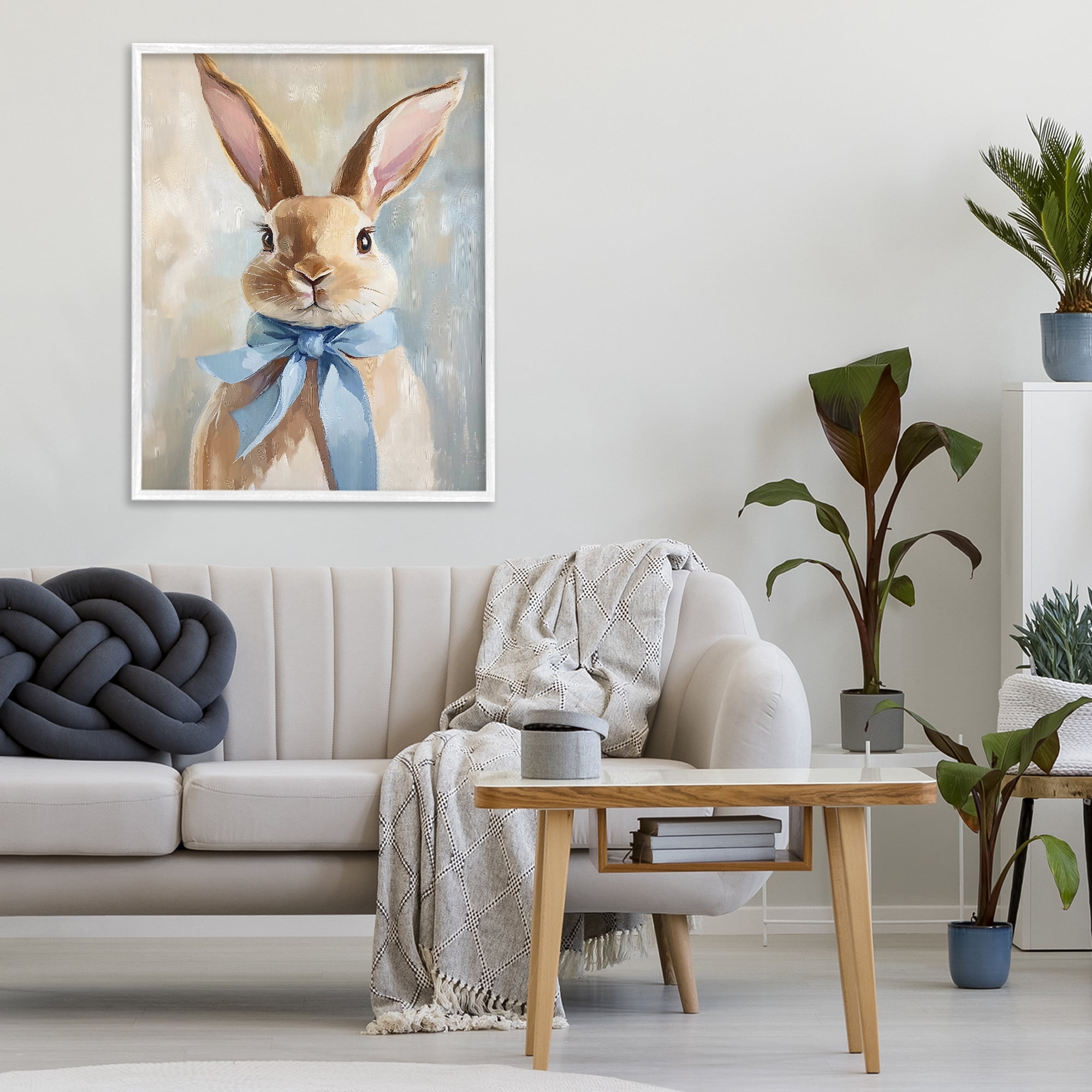 Stupell Industries Bunny with Blue Bow White Framed Giclee Art, design by The Prints Vibe