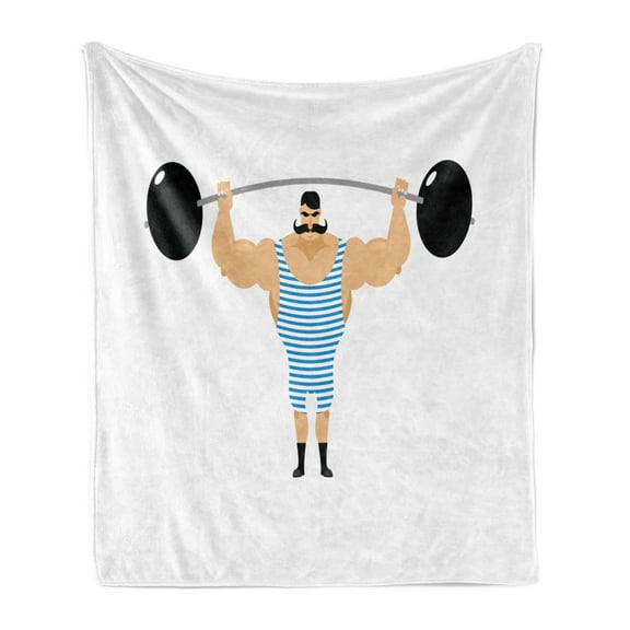 Circus Soft Flannel Fleece Throw Blanket, Comic Retro Strong Muscular Bodybuilder with Moustache Doing Weightlifting Sport, Cozy Plush for Indoor and Outdoor Use, 60" x 80", Multicolor, by Ambesonne