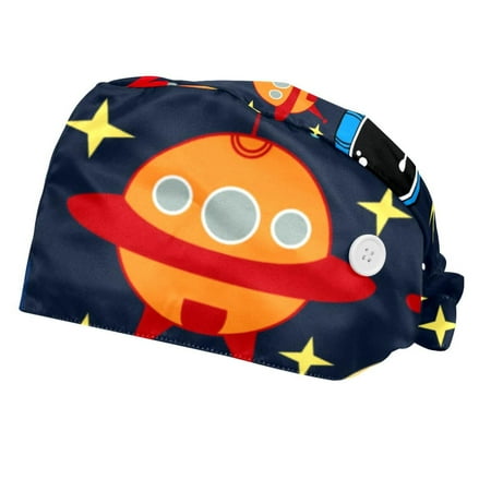 

2PCS Working Cap with Buttons and Sweatband Adjustable Tie Back Hats Bouffant Caps Planet Rocket Scrub Turban Hat
