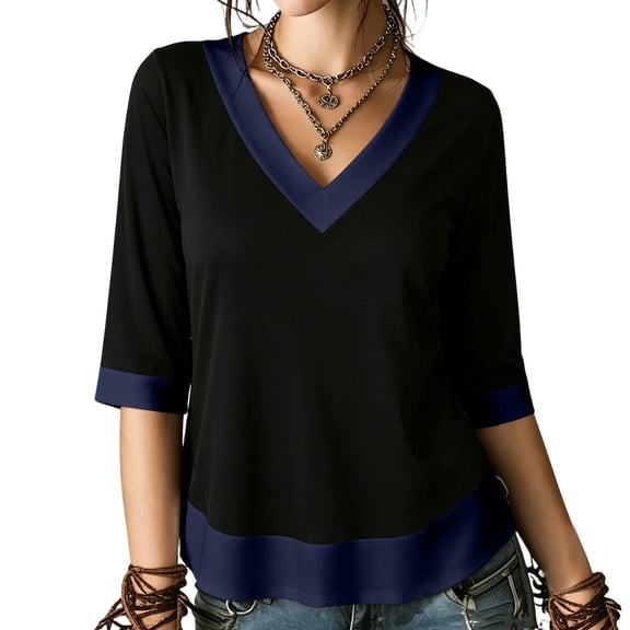 Enjoytime 3/4 Sleeve Tops for Women Patchwork V-Neck Flowy Blouses Trendy Casual Work Plus Size Shirts