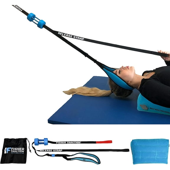Fisher Traction® Neck Pain & Headache Relief Device | Neck Traction for Pinched Nerves & Disc Bulges | Cervical Traction Device | Mobile Neck Decompression and Neck Stretcher Neck Unit w/ Wedge