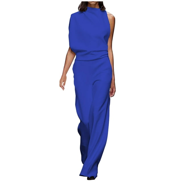 Women's Short Sleeve Mock Neck Elegant Formal Wide Leg Pants Jumpsuit Cold Shoulder Cocktail Business Rompers