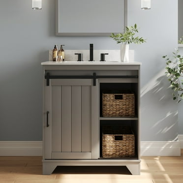 30" Bathroom Vanity with Ceramic Sink Top, Pre-assembled Bathroom Cabinet with 2 Storage Baskets