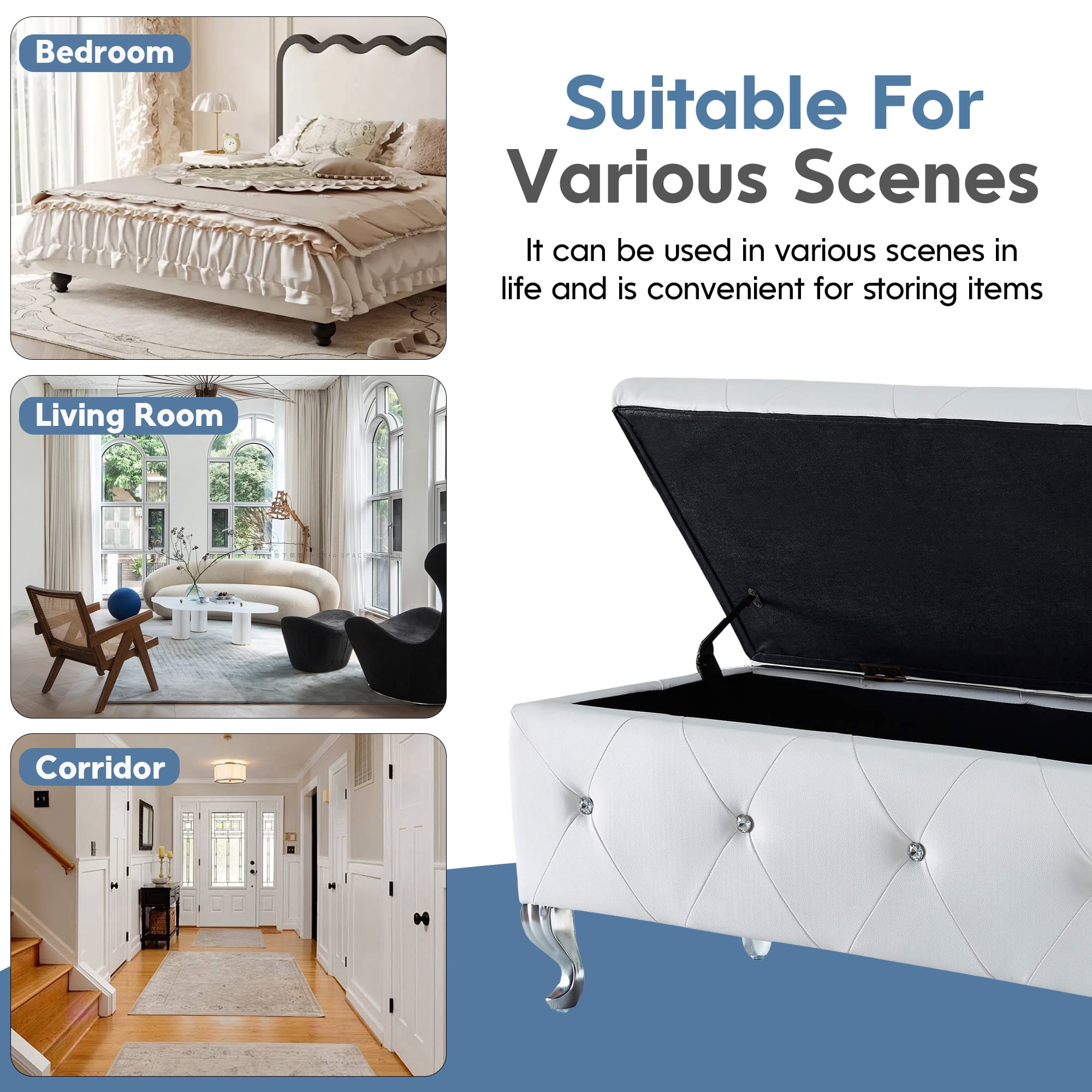 Aukfa Storage Ottoman Bench with Crystal Buttons for Bedroom,White