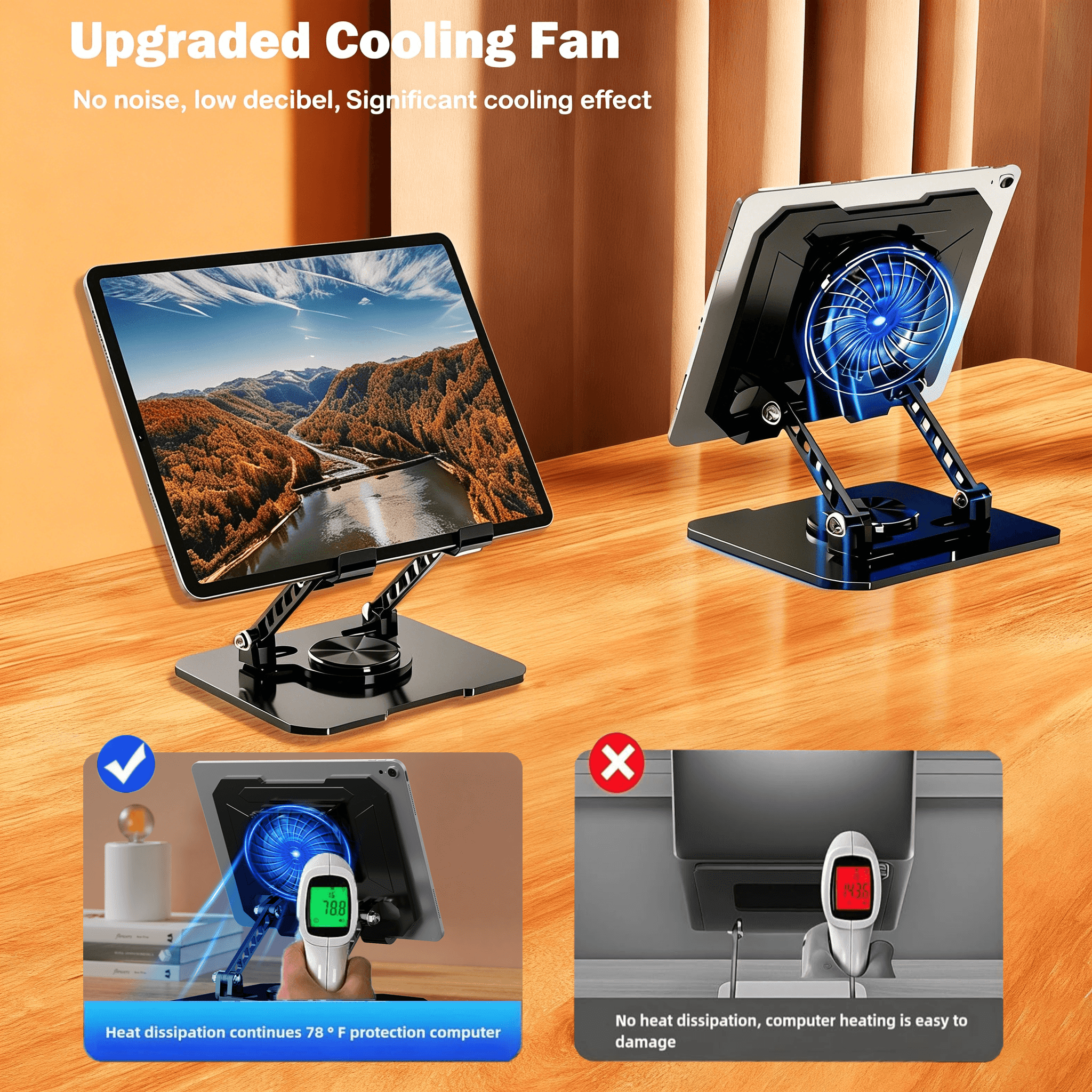 TIKBBRMG Tablet Stand for Desk with Quiet Cooling Fan, Adjustable Universal Tablet Holder with Multi Angle Aluminium Alloy, 360° Swivel Base, Black