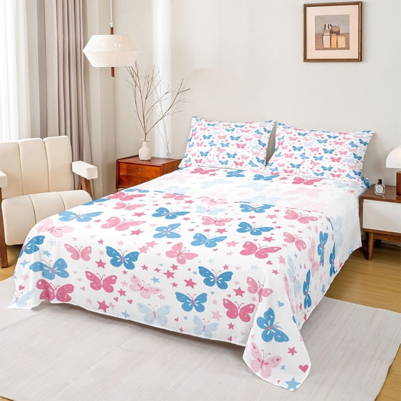 Feelyou Blue Pink Butterfly Full Size Sheets for Girl, Dreamy Cartoon Stars Bed Sheets, Kawaii Animal Sheet Sets, Super Cozy Room Decor, 4 Pieces
