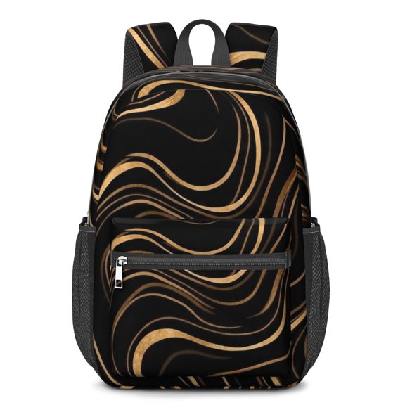 Black and Gold Marble Pattern 17" School Backpacks for Teens,Waterproof Oxford Fabric,S-Shape Padded Straps for School,Travel,Hiking,Camping