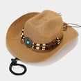 thumbnail image 6 of FUZHIQ Vintage Western Cowboy Straw Hat for Men Women Curved Brim with Windproof Lanyard, Summer Outdoor Sun Cap for Beach Vacation, 6 of 8