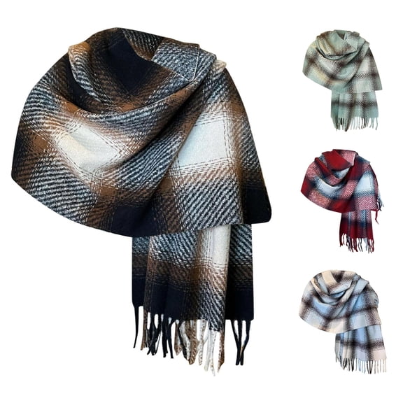 AWZXDE Elegant Gradient Plaid Winter Scarf With Tassels Unisex Thick Warm Soft Fashion Shawl Wrap Black