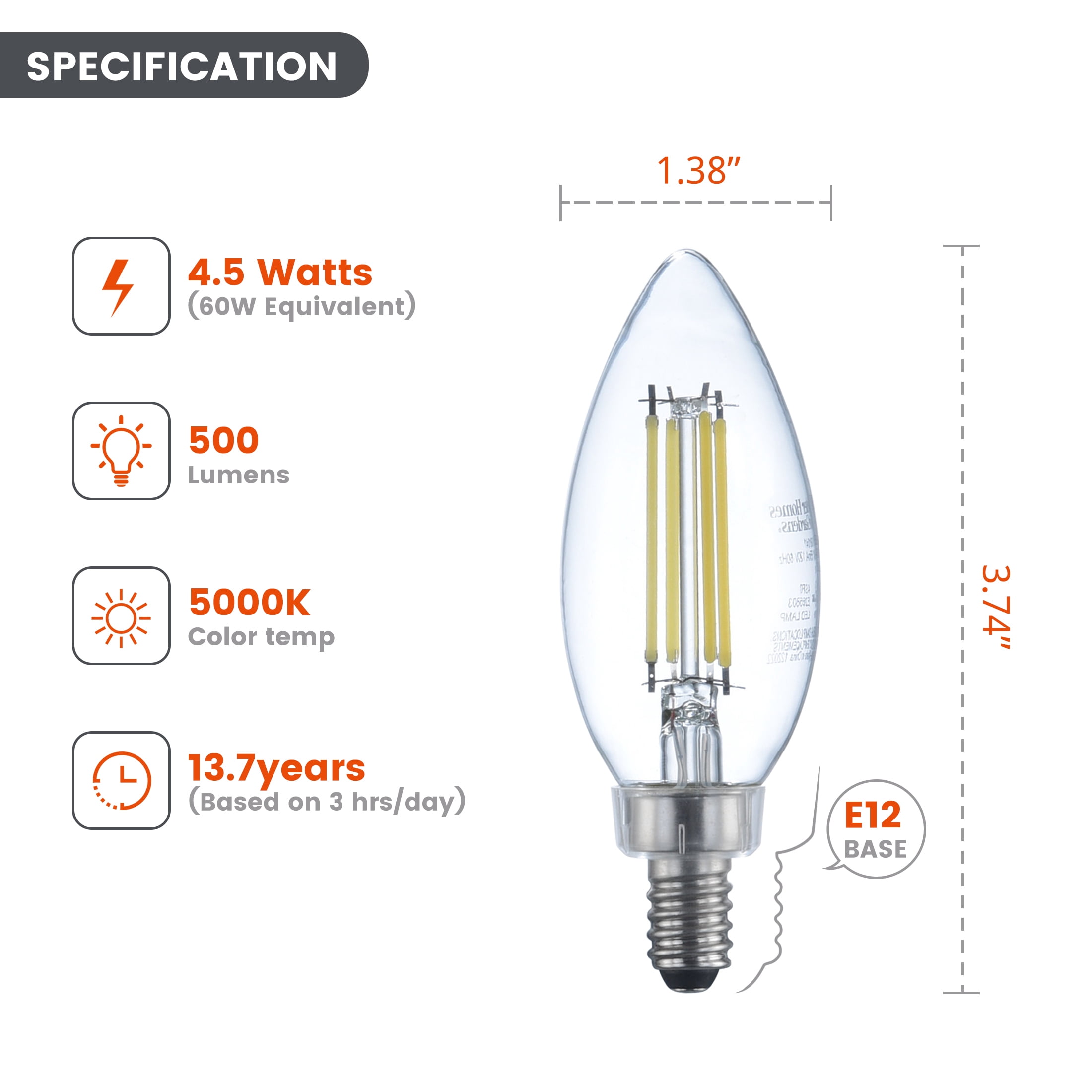 BHG 4.5W LED Decorative Candelabra Light Bulb, 60W Eqv, E12 Small Base, Dimmable Daylight 5000K, 8PK
