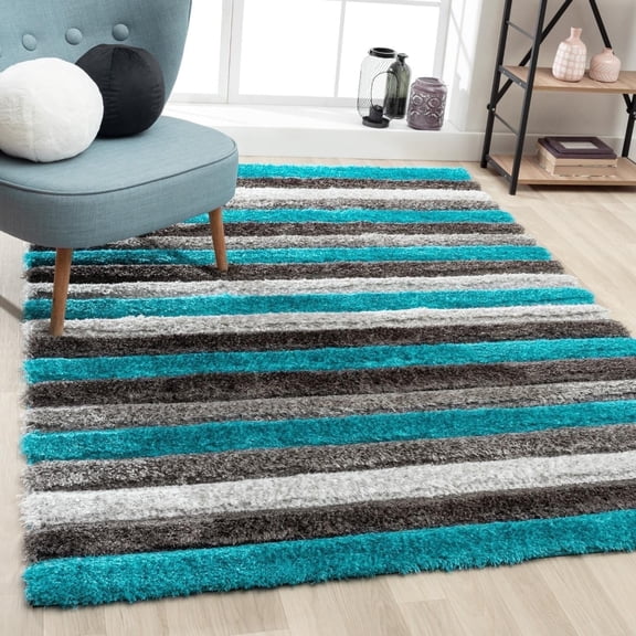 Luxe Weavers Geometric Turquoise 8x10 Shag Area Rug Plush Striped Bedroom Carpet