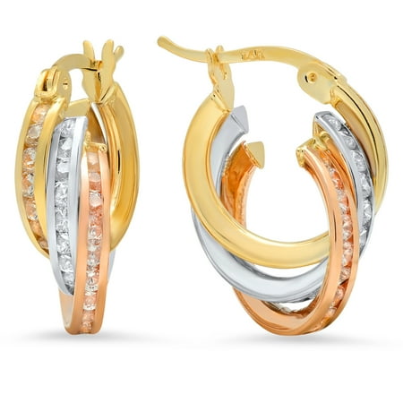 - Jewelers 3-tone 14K Solid Gold CZ Hoop Earrings BOXED