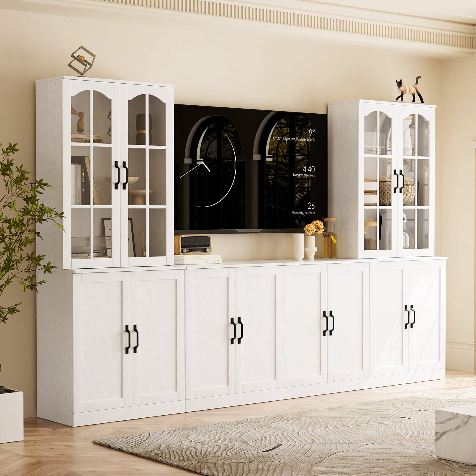 RichYa 94.4" W Entertainment Center with Bookcases for TVs up to 45", Wall Unit TV Stand with Doors for Living Room