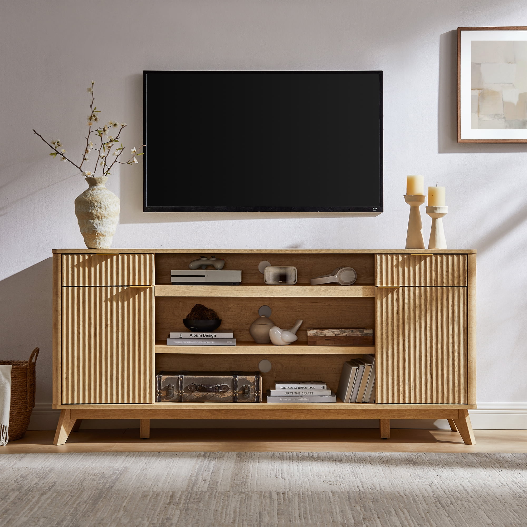 KeyWhat 70" Mid-Century Modern TV Stand for 75" TV, Fluted Doors, Drawers & Adjustable Shelves