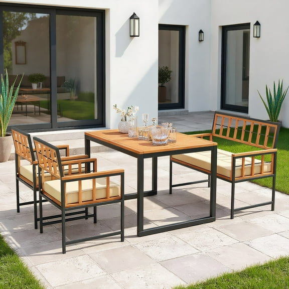 Resenkos 4 Pieces Acacia Wood Patio Dining Set with 1 Rectangular Table-Natural for Balcany, Poolside