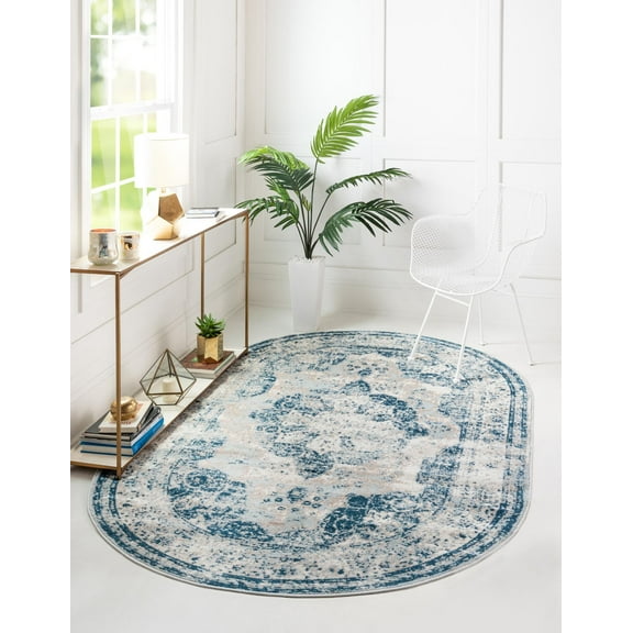 Rugs.com Monte Carlo Collection Rug – 8' x 10' Oval Blue Medium Rug Perfect For Living Rooms, Large Dining Rooms, Open Floorplans