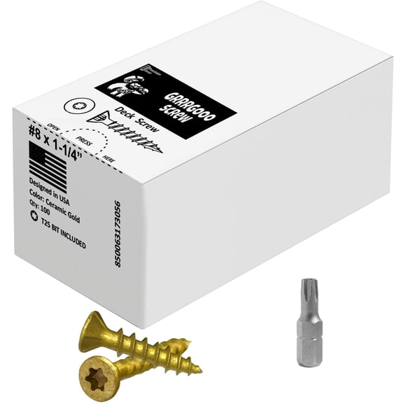 Tornillos para terrazas – #8 1-1/4 pulgadas dorados, 100 piezas de tornillos de madera a madera con cabeza de estrella larga – Tornillos para madera exterior para construcción de terrazas al aire libr