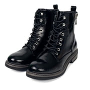 Women Black Work Boots Lace up Mid-Calf Combat Booties Motorcycle Punk Buckle Shoes Side Zipper 7