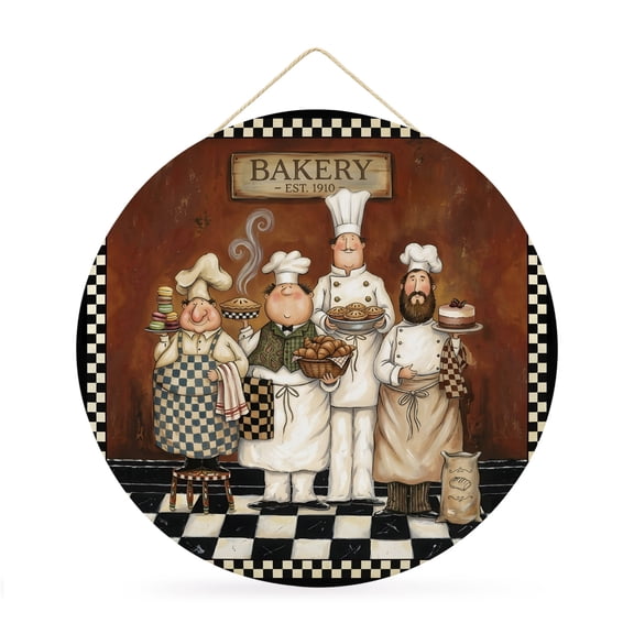 Round Welcome Sign for Front Door, Bakery Chefs Vintage Hanging Metal Farmhouse Wall Decor for Porch Entryway, Farmhosue Kitchen Black White Plaid Decoration for Holiday Housewarming Gift, 12 in
