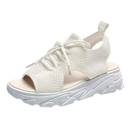 Summer Women Sandals Mesh Women Wedge Sandals Casual White Thick Soled Sandal Slippers for Women Lace Up Sandals Open Yoga Sling Sandals for Women Toe Beach Shoes
