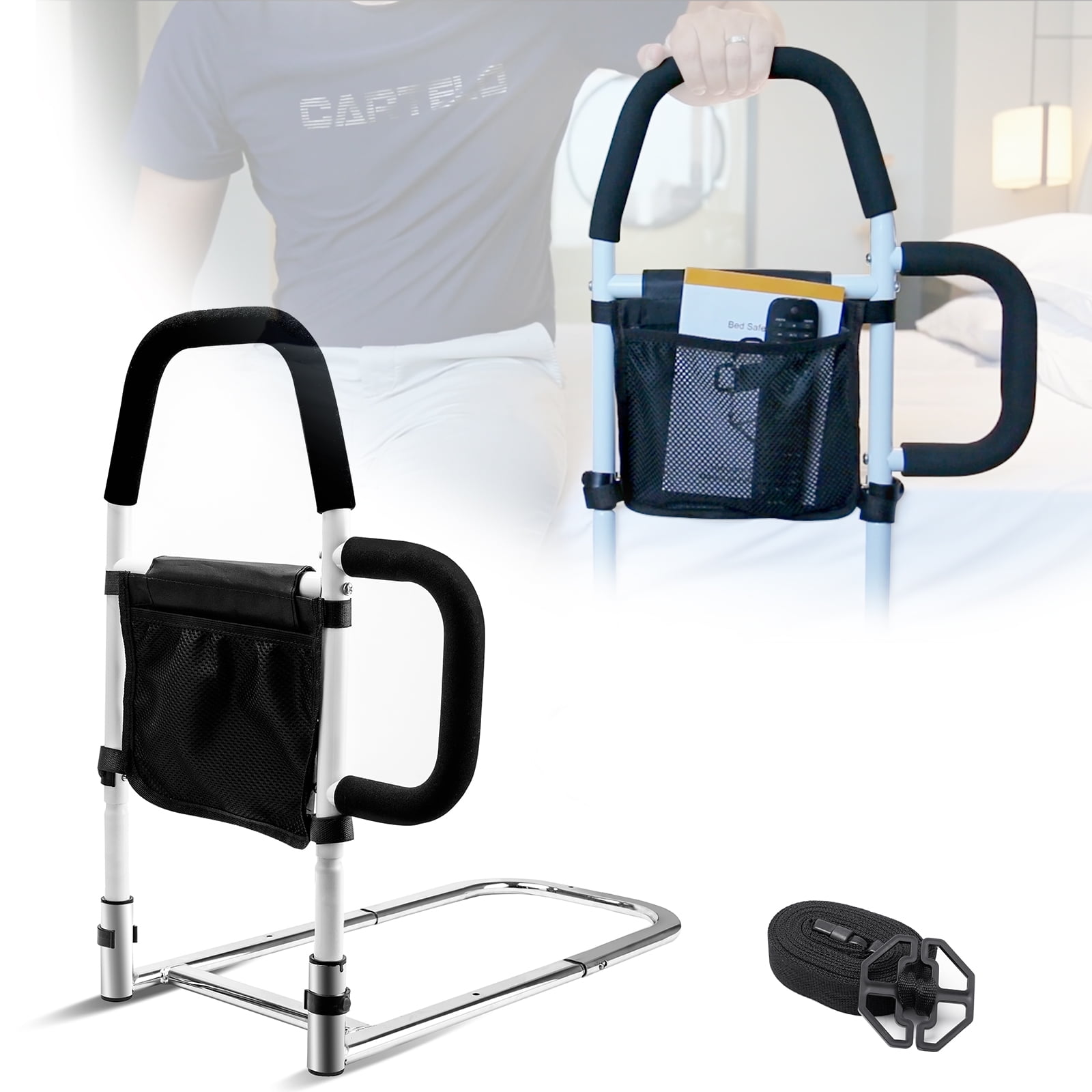 Bed Assist Rail with Double Non-Slip Grab Bars, Bed Rails for Seniors with Storage Pocket-300lbs Support, Fix All Beds Frame
