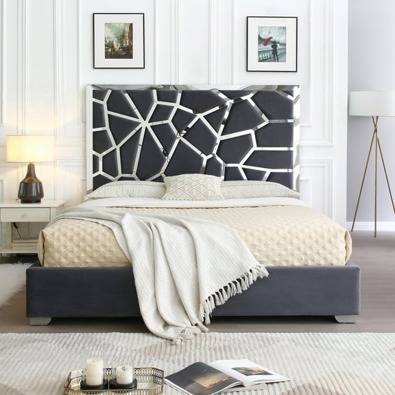 Serenity Queen Velvet Bed with Silver Metal Frame in Gray Color