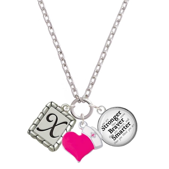 Delight Jewelry Silvertone Pebble Border Initial - X - Hot Pink Heart Nurse Strong Zoe Necklace