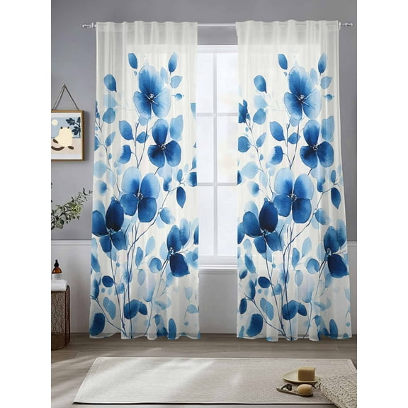 Blue Flowers Sheer Curtains for Living Room Bedroom Spring Botanical Blossom Motif Sheer Curtains 96 Inch Long 2 Panels Set Light Filtering Curtain Window Treatments Drapes for Dining Room