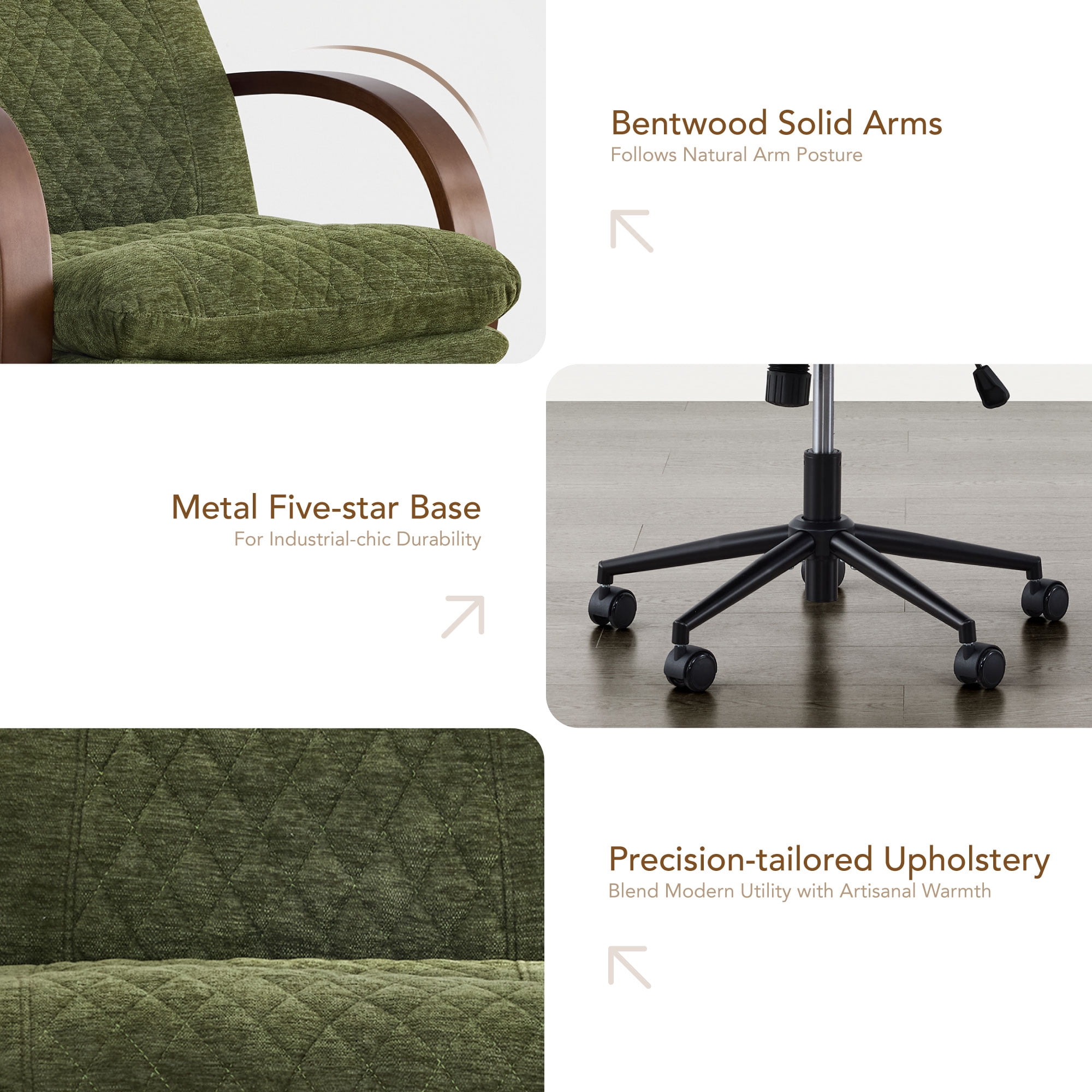 Spruce & Spring Modern Ergonomic Swivel Office Chair with Bentwood Arms, Upholstered High Back Desk Chair with Tilt Function and Durable Metal Base, Moss Green